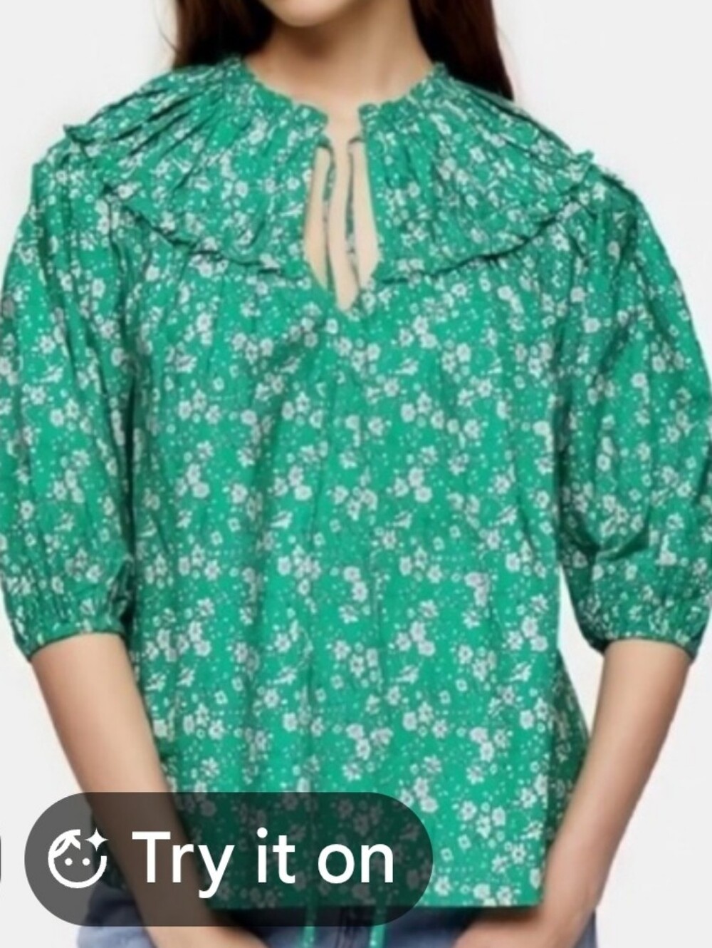 Topshop Green Floral Blouse Ruffle Neck Tie 3/4 Puff Sleeve Boho Cottagecore M/L
